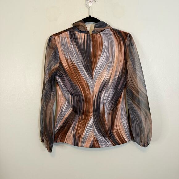 B Altman & Co Blouse 14 Vintage Abstract Tie Neck Long Sleeve Work Career Brown - Picture 2 of 9